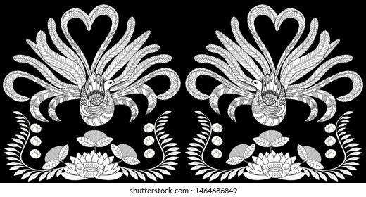 Coloring Pages. Coloring Book for adults and children. Colouring pictures with birds and flowers. Antistress freehand sketch drawing with doodle and zentangle element