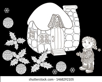 Coloring Pages. Coloring Book for adults and children. Christmas Tree Ornament and hause. Art therapy coloring page.