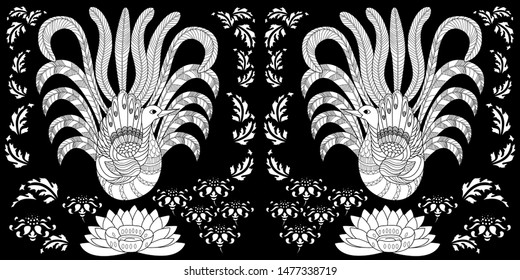 Coloring Pages. Coloring Book for adults and children. Colouring pictures with peacocks and flowers. Antistress freehand sketch drawing with doodle and zentangle element