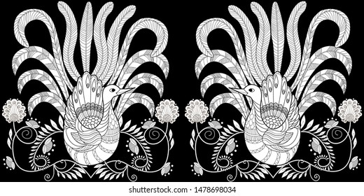 Coloring Pages. Coloring Book for adults and children. Colouring pictures with peacocks and flowers. Antistress freehand sketch drawing with doodle and zentangle element