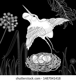Coloring Pages. Coloring Book for adults and children. Colouring pictures with stork. Antistress freehand sketch drawing with doodle and zentangle element