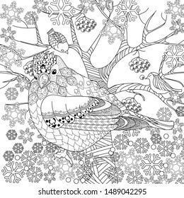 Coloring Pages. Coloring Book for adults and children. Christmas Tree Ornament and birds. Art therapy coloring page.