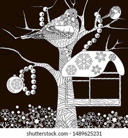 Coloring Pages. Coloring Book for adults and children. Christmas Tree Ornament and birds. Art therapy coloring page.