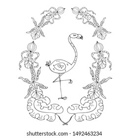 Coloring Pages. Coloring Book for adults and children. Colouring pictures with flamingo and tropical flowers. Antistress freehand sketch drawing with doodle and zentangle element.