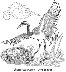 Coloring Pages. Coloring Book for adults and children. Colouring pictures with stork. Antistress freehand sketch drawing with doodle and zentangle element