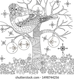 Coloring Pages. Coloring Book for adults and children. Christmas Tree Ornament and birds. Art therapy coloring page.