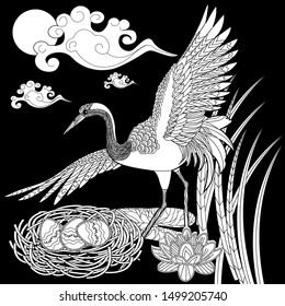 Coloring Pages. Coloring Book for adults and children. Colouring pictures with stork. Antistress freehand sketch drawing with doodle and zentangle element