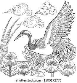 Coloring Pages. Coloring Book for adults and children. Colouring pictures with stork. Antistress freehand sketch drawing with doodle and zentangle element