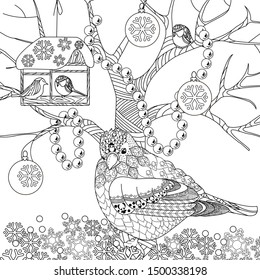 Coloring Pages. Coloring Book for adults and children. Christmas Tree Ornament and birds. Art therapy coloring page.