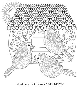 Coloring Pages. Coloring Book for adults and children. Colouring pictures with birds and birdhouse. Antistress freehand sketch drawing with doodle and zentangle element