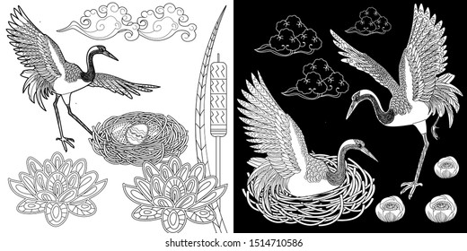 Coloring Pages. Coloring Book for adults and children. Colouring pictures with stork. Antistress freehand sketch drawing with doodle and zentangle element