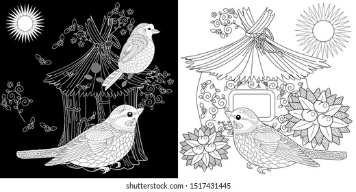 Coloring Pages. Coloring Book for adults and children. Colouring pictures with birds and birdhouse. Linear engraved art. Bird concept. Romantic concept. Vector design