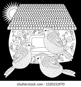 Coloring Pages. Coloring Book for adults and children. Colouring pictures with birds and birdhouse. Linear engraved art. Bird concept. Romantic concept. Vector design