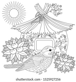 Coloring Pages. Coloring Book for adults and children. Colouring pictures with birds and birdhouse. Linear engraved art. Bird concept. Romantic concept. Vector design