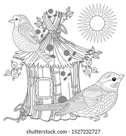 Coloring Pages. Coloring Book for adults and children. Colouring pictures with birds and birdhouse. Linear engraved art. Bird concept. Romantic concept. Vector design