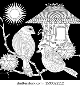 Coloring Pages. Coloring Book for adults and children. Colouring pictures with birds and birdhouse. Linear engraved art. Bird concept. Romantic concept. Vector design