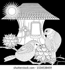 Coloring Pages. Coloring Book for adults and children. Colouring pictures with birds and birdhouse. Linear engraved art. Bird concept. Romantic concept. Vector design