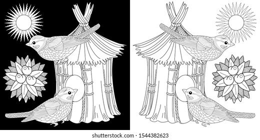 Coloring Pages. Coloring Book for adults and children. Colouring pictures with birds and birdhouse. Linear engraved art. Bird concept. Romantic concept. Vector design