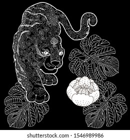 Coloring Pages. Coloring Book for adults and children. Colouring pictures with tiger. Antistress freehand sketch drawing with doodle and zentangle elements.