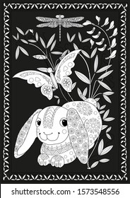 Coloring Pages. Coloring Book for adults and children. Colouring pictures with rabbit. Antistress freehand sketch drawing with doodle and zentangle element