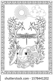 Coloring Pages. Coloring Book for adults and children. Colouring pictures with rabbit. Antistress freehand sketch drawing with doodle and zentangle element