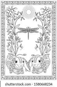Coloring Pages. Coloring Book for adults and children. Colouring pictures with rabbit. Antistress freehand sketch drawing with doodle and zentangle element