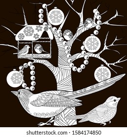 Coloring Pages. Coloring Book for adults and children. Christmas Tree Ornament and birds. Art therapy coloring page.