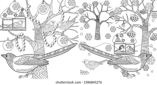 Coloring Pages. Coloring Book for adults and children. Christmas Tree Ornament and birds. Art therapy coloring page.