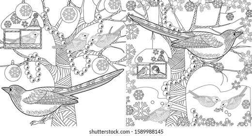 Coloring Pages. Coloring Book for adults and children. Christmas Tree Ornament and birds. Art therapy coloring page.