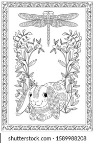 Coloring Pages. Coloring Book for adults and children. Colouring pictures with rabbit. Antistress freehand sketch drawing with doodle and zentangle element