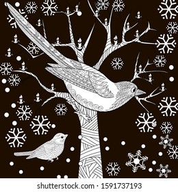 Coloring Pages. Coloring Book for adults and children. Christmas Tree Ornament and birds. Art therapy coloring page.