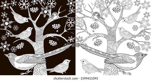 Coloring Pages. Coloring Book for adults and children. Colouring pictures with birds. Linear engraved art. Bird concept. Romantic concept. Vector design