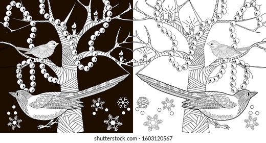 Coloring Pages. Coloring Book for adults and children. Colouring pictures with birds. Antistress freehand sketch drawing with doodle and zentangle elements.
