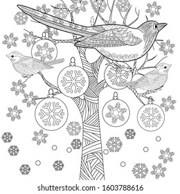 Coloring Pages. Coloring Book for adults and children. Colouring pictures with birds. Antistress freehand sketch drawing with doodle and zentangle elements.