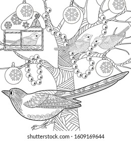 Coloring Pages. Coloring Book for adults and children. Colouring pictures with birds. Antistress freehand sketch drawing with doodle and zentangle elements.