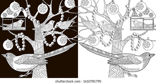 Coloring Pages. Coloring Book for adults and children. Colouring pictures with birds. Antistress freehand sketch drawing with doodle and zentangle elements.