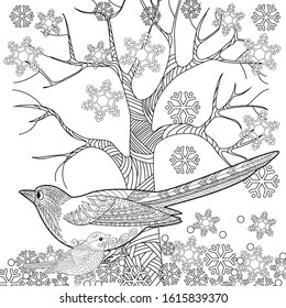 Coloring Pages. Coloring Book for adults and children. Colouring pictures with birds. Antistress freehand sketch drawing with doodle and zentangle elements.