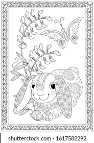 Coloring Pages. Coloring Book for adults and children. Colouring pictures with rabbit. Antistress freehand sketch drawing with doodle and zentangle element