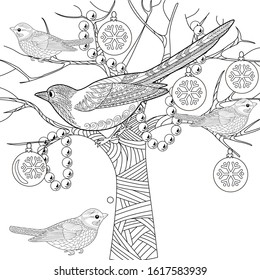 Coloring Pages. Coloring Book for adults and children. Colouring pictures with birds. Antistress freehand sketch drawing with doodle and zentangle elements.