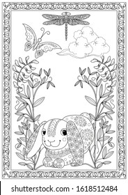 Coloring Pages. Coloring Book for adults and children. Colouring pictures with rabbit. Antistress freehand sketch drawing with doodle and zentangle element