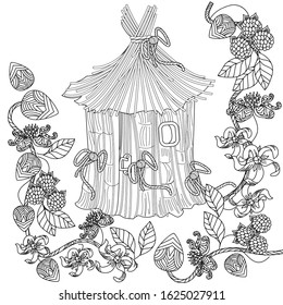 Coloring Pages. Coloring Book for adults and children. Colouring pictures with birdhouse. Linear engraved art. Bird concept. Romantic concept. Vector design