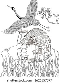 Coloring Pages. Coloring Book for adults and children. Coloring pictures with stork. Linear engraved art. Bird concept. Romantic concept. Vector design
