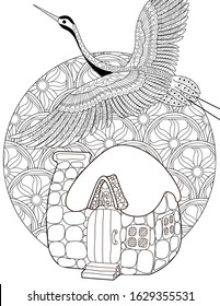 Coloring Pages. Coloring Book for adults and children. Colouring pictures with stork. Linear engraved art. Bird concept. Romantic concept. Vector design