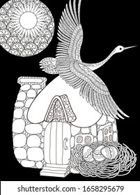 Coloring Pages. Coloring Book for adults and children. Colouring pictures with stork. Linear engraved art. Bird concept. Romantic concept. Vector design