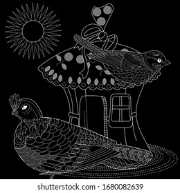 Coloring Pages. Coloring Book for adults and children. Colouring pictures with birds. Antistress freehand sketch drawing with doodle and zentangle elements.