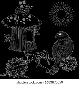 Coloring Pages. Coloring Book for adults and children. Colouring pictures with birds. Antistress freehand sketch drawing with doodle and zentangle elements.