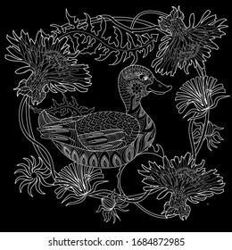 Coloring Pages. Coloring Book for adults and children. Colouring pictures with birds and flowers. Antistress freehand sketch drawing with doodle and zentangle elements.