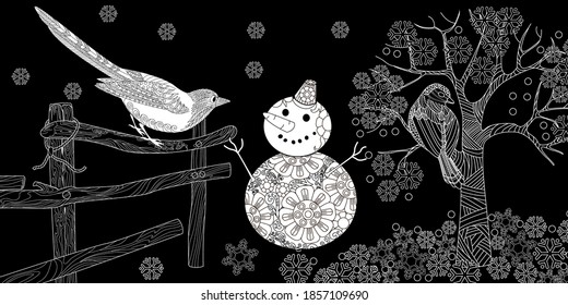 Coloring Pages. Coloring Book for adults and children. Colouring pictures with birds. Antistress freehand sketch drawing with doodle and zentangle elements.