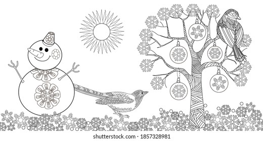 Coloring Pages. Coloring Book for adults and children. Colouring pictures with birds. Antistress freehand sketch drawing with doodle and zentangle elements.