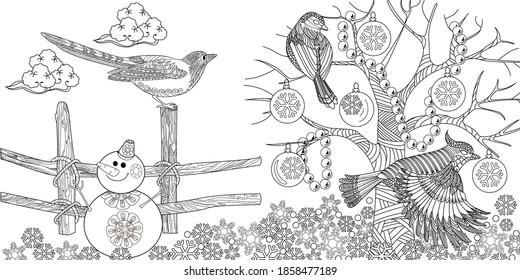 Coloring Pages. Coloring Book for adults and children. Colouring pictures with birds. Antistress freehand sketch drawing with doodle and zentangle elements.